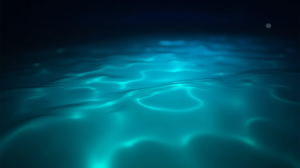 Vista cercana del agua bioluminiscente brillando con luz azul verdosa en la oscuridad