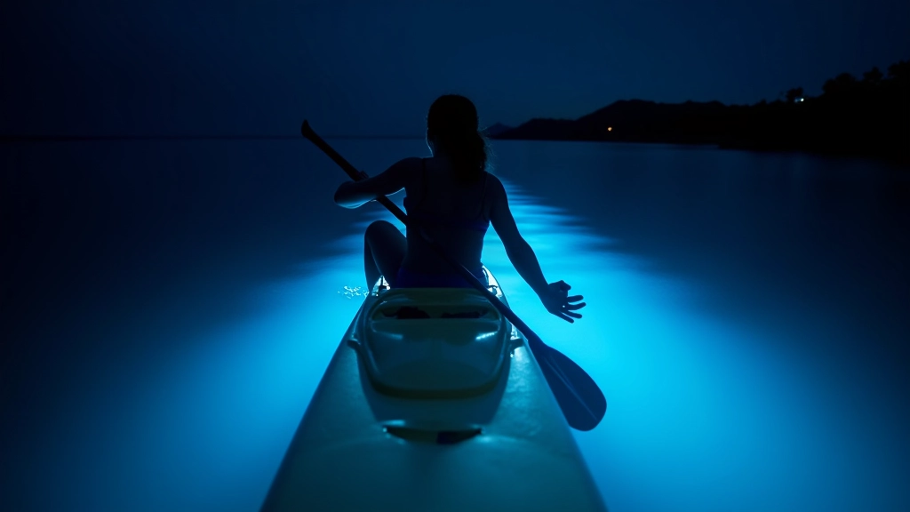 Kayakista remando en agua bioluminiscente dejando estela de luz azul en la oscuridad