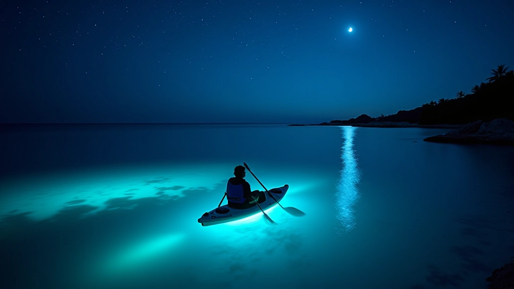 Vista nocturna de la Bahía Bioluminiscente de Vieques con agua brillante