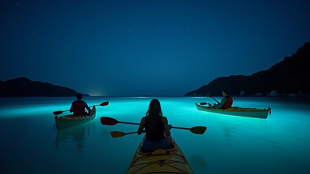 Grupo de turistas en kayaks durante la noche en agua bioluminiscente, guía apuntando hacia la bahía bajo las estrellas